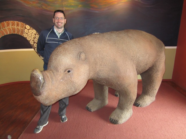 Sean meets Diprotodon, a Megafauna Wombat,  Mungo Lake Visitor Centre, NSW, June 7, 2015 